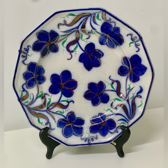 19th Century Vtg Gaudy Ironstone 10 Sided Flow Blue Copper Lusterware Plate - Picture 4 of 15
